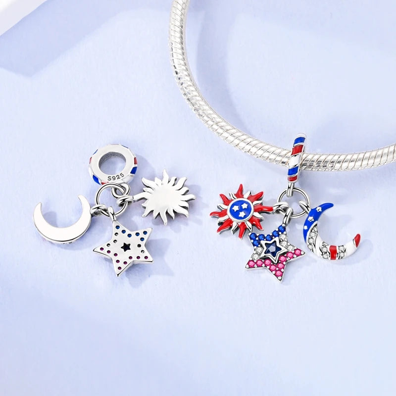 Original 925 Sterling Silver Charms Bead American Flag Independence Day Pendant Fit Original Bracelet For Women DIY Jewelry Gift