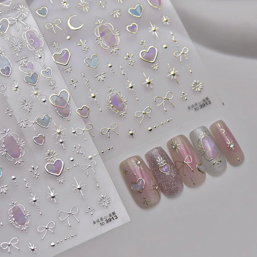 1pcs 5D Shell Light Nail Stickers Fashion Gold Border Love Heart Bowknot Moon Star Art Decal High Quality Manicure Decorations