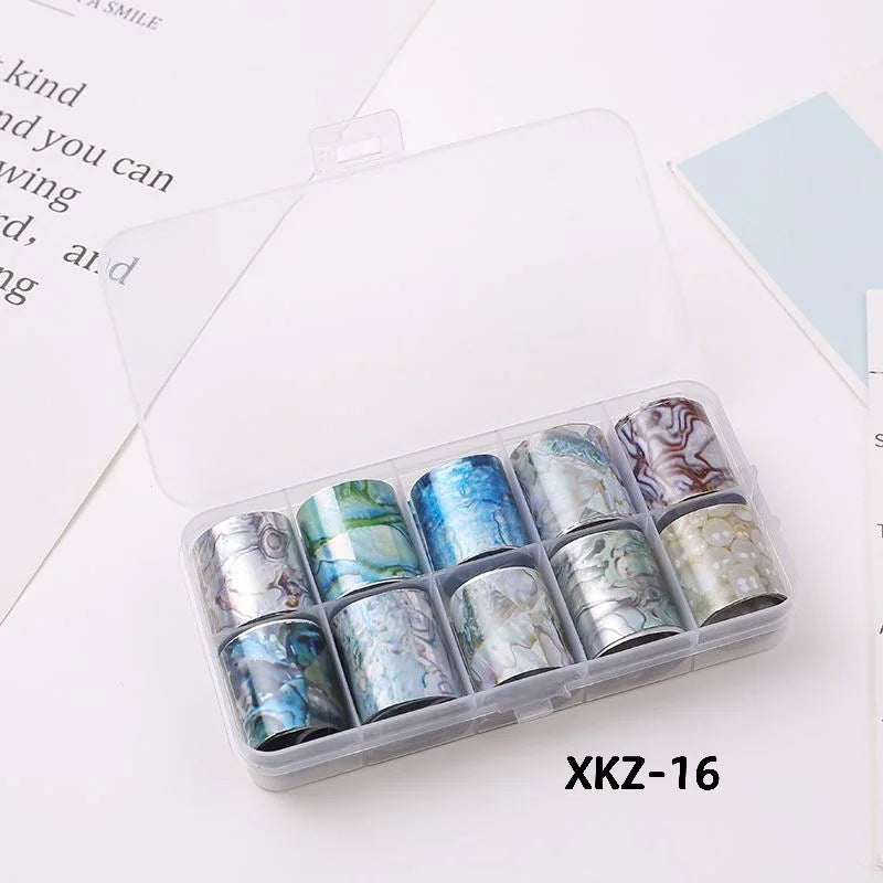 10 Rolls/ Box Charm Nail Foils Polish Stickers Metal Color Starry Paper Transfer Foil Wraps Adhesive Decals Nail Art Decorations