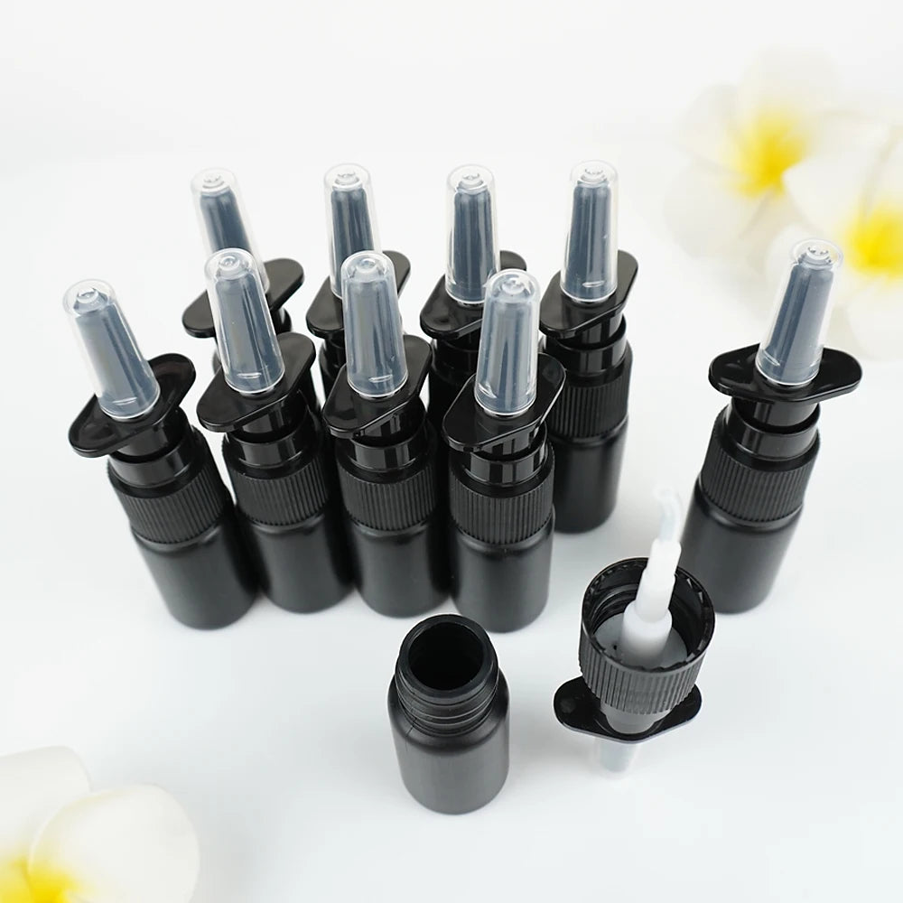 100/200pcs 10ml HDPE Black Empty Nasal Spray Bottle Pump Sprayer Mist Nose Spray Bottle Portable Refillable Bottling Packaging