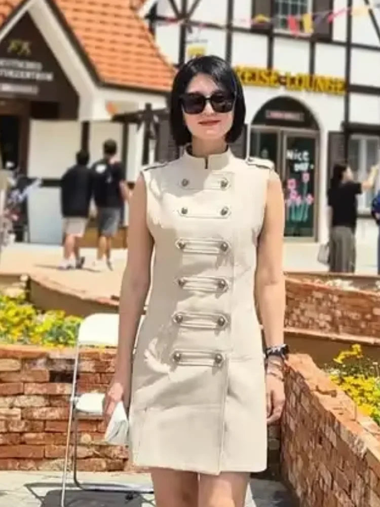 Women's Stand Collar Double Breasted Mini Dress Sleeveless Elegant Casual Slim Fit Short Robe Lady Office New Dresses 2026 Summer