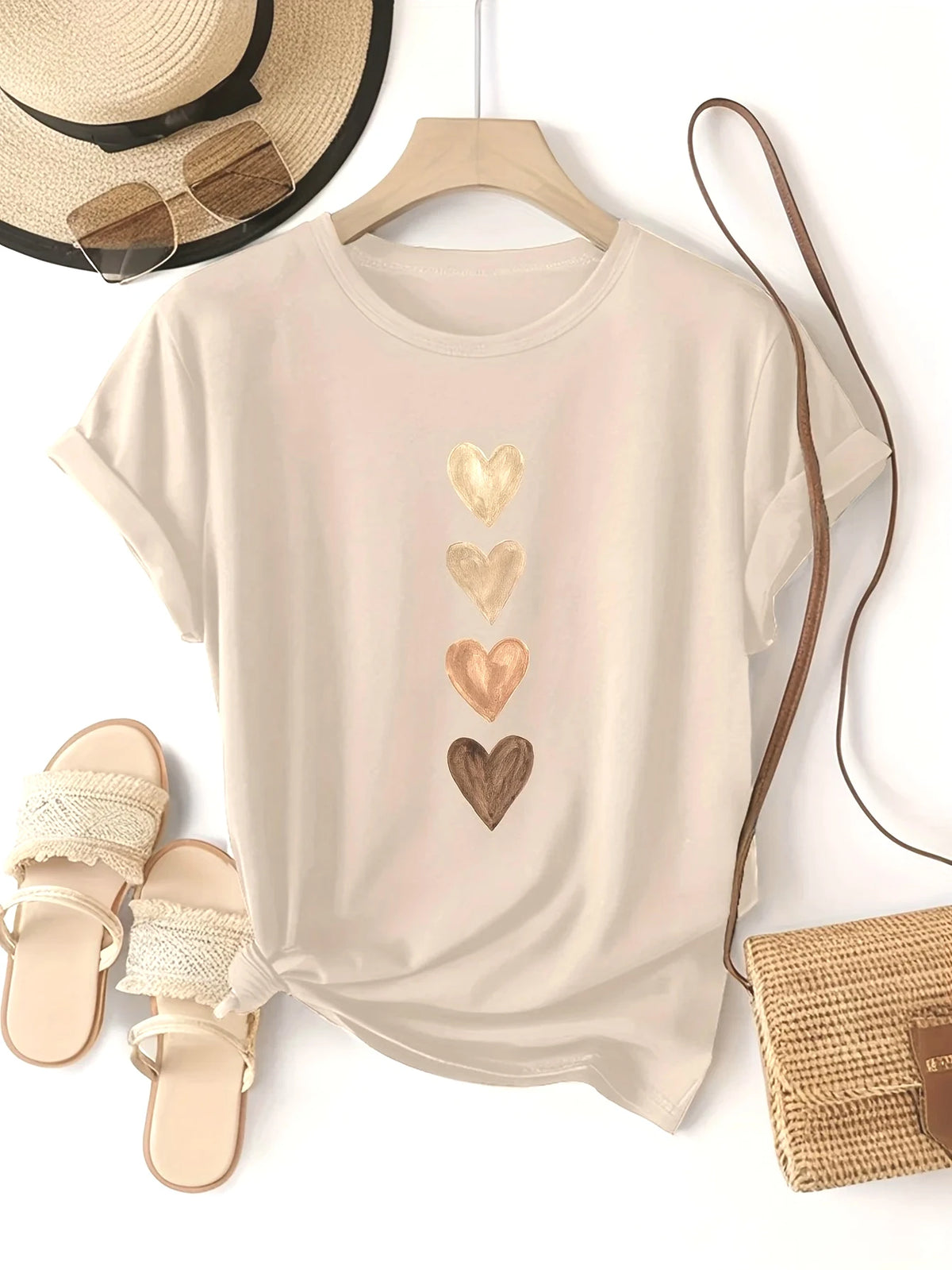 Women's Casual Short Sleeve T-Shirt with Four Heart Graphic Print - Black & Golden Medium Stretch Round Neck Novelty T-Shirt