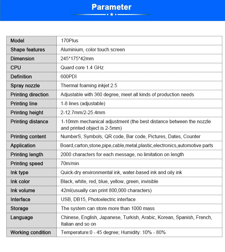 DCODE 170PLUS 7-inch IPS TIJ Industrial Online Inkjet Printer 12.7mm Text QR Barcode Batch Number Logo Date Label Glass Printer