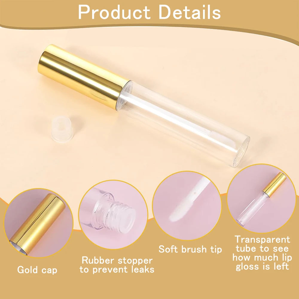 6 PCS Empty Lip Gloss Tubes 10ml Gold Lips Glosses Containers Empty Refillable Cosmetic Containers with Wand for Travel DIY