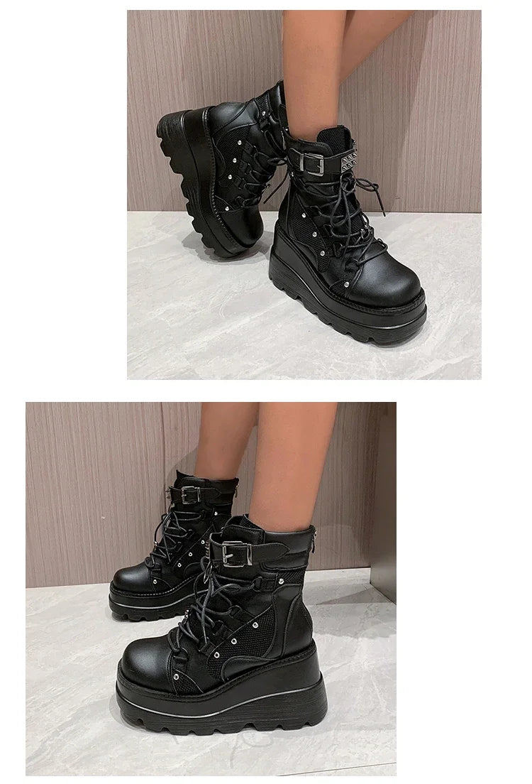 2025 New Design Women Punk Gothic Motorcycle Boots Platform Chunky High Heel Ankle Boot Ladies Cool Wedge Black Female Shoes