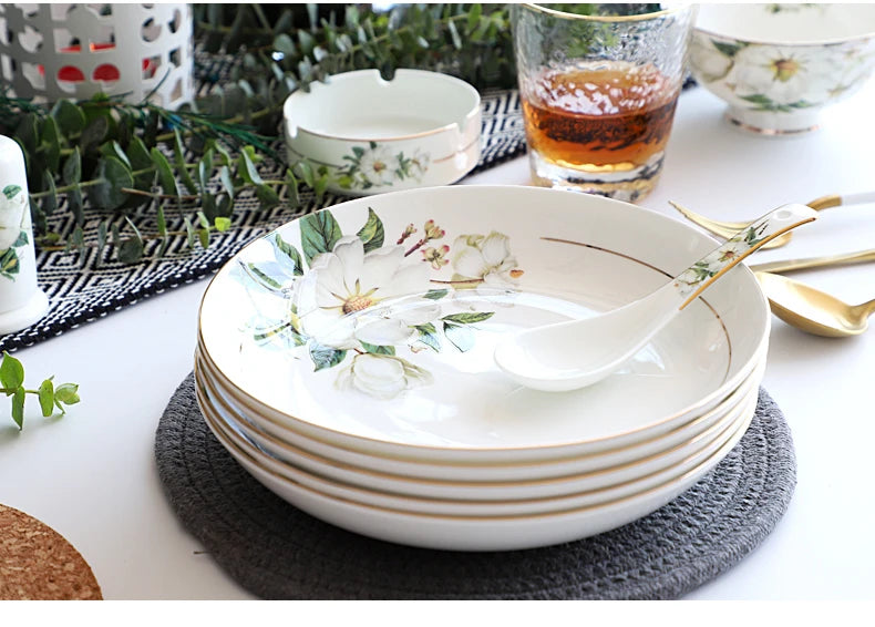 Bone China Dinnerware, Household Ceramic Rice Bowl, Deep Dishes, Soup Pots, Steak Flat Plate, Delicate Floral Tableware