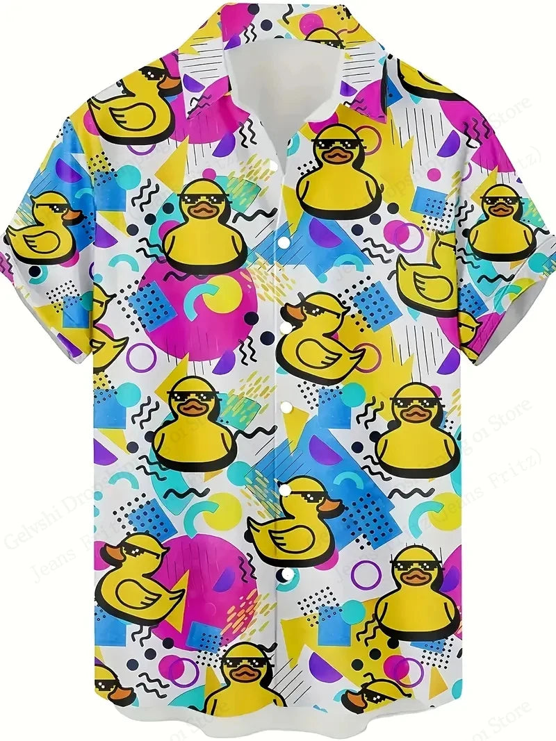 Ribbon Duck 3d Print Hawaiian Shirts Short Sleeve Vocation Beach Shirt Men Blouse Large Size Camisas Men Clothes Cartoon Animal