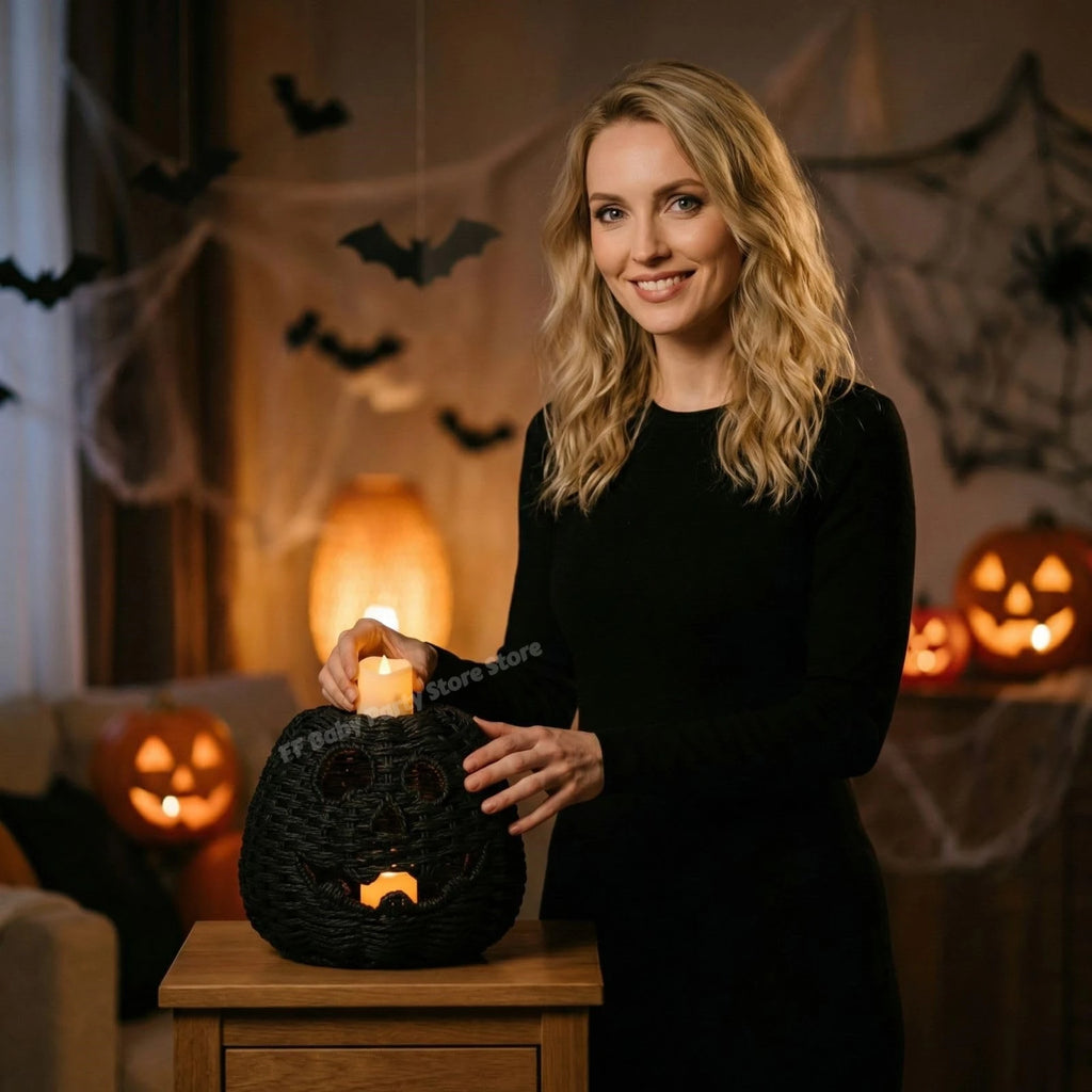 Halloween Decorations Hand-Woven Wicker Pumpkin Lantern Witch Hat Storage Box Home Decorative Statue Ornaments Christmas Decor