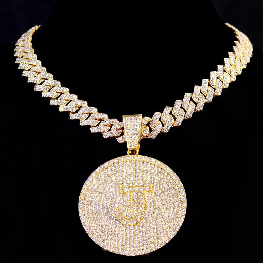 Iced Out Round Initial Pendant Necklace 14MM Rhombus Cuban Link Chain 26 Letters Chain Necklaces Women Men Hiphop Jewelry