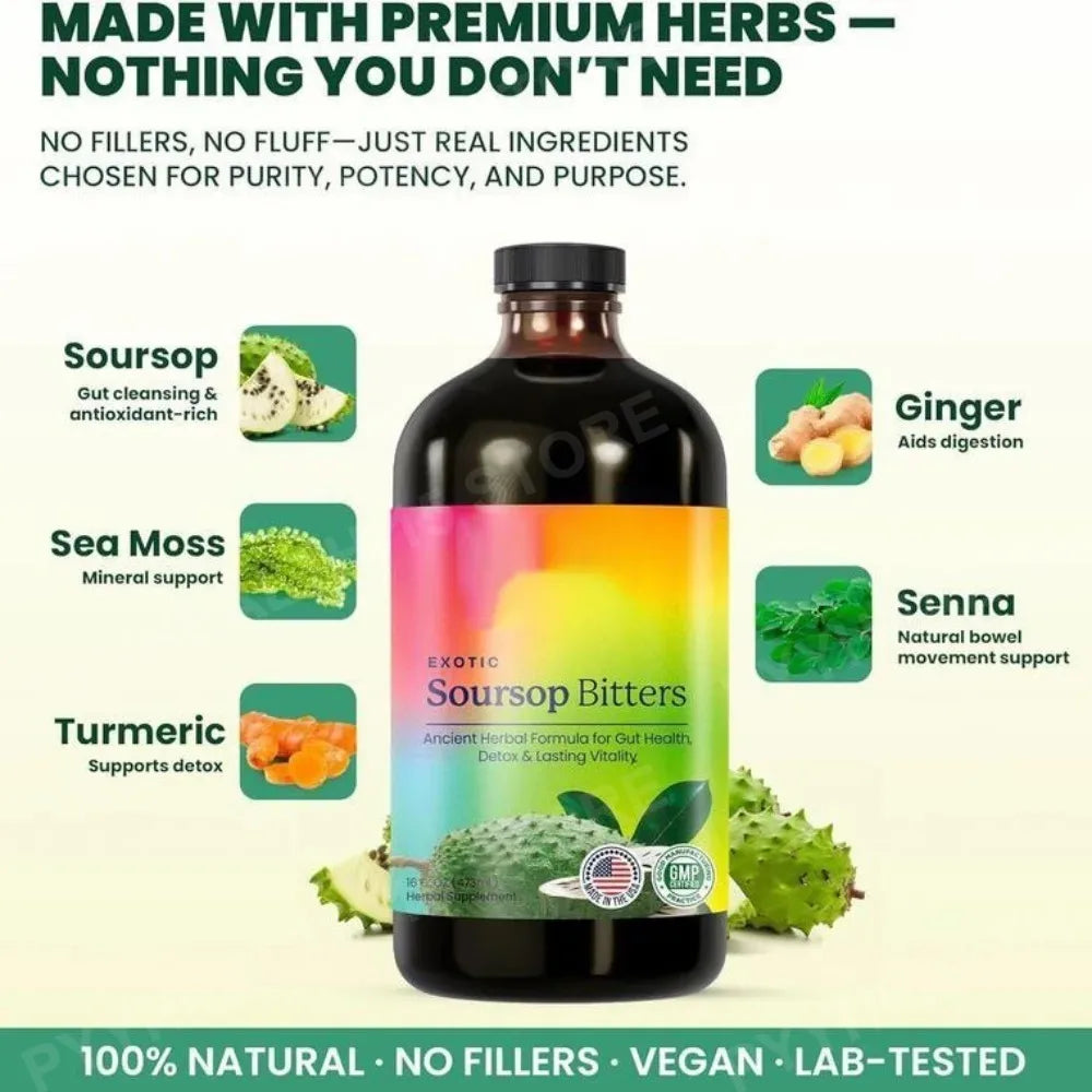 Soursop Bitters Liquid Supplement,Black Seed Moringa Irish Moss Drops for Gut Digestive Wellness Immune Support 473ml Bottle