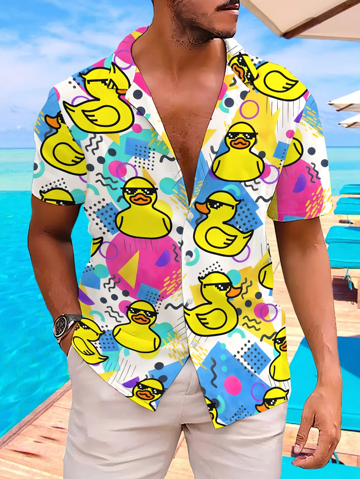 Ribbon Duck 3d Print Hawaiian Shirts Short Sleeve Vocation Beach Shirt Men Blouse Large Size Camisas Men Clothes Cartoon Animal
