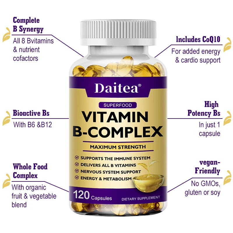 Vitamin B-Complex Capsules - Energy, Immune & Nervous System Support, Relieve Stress, Improve Digestion