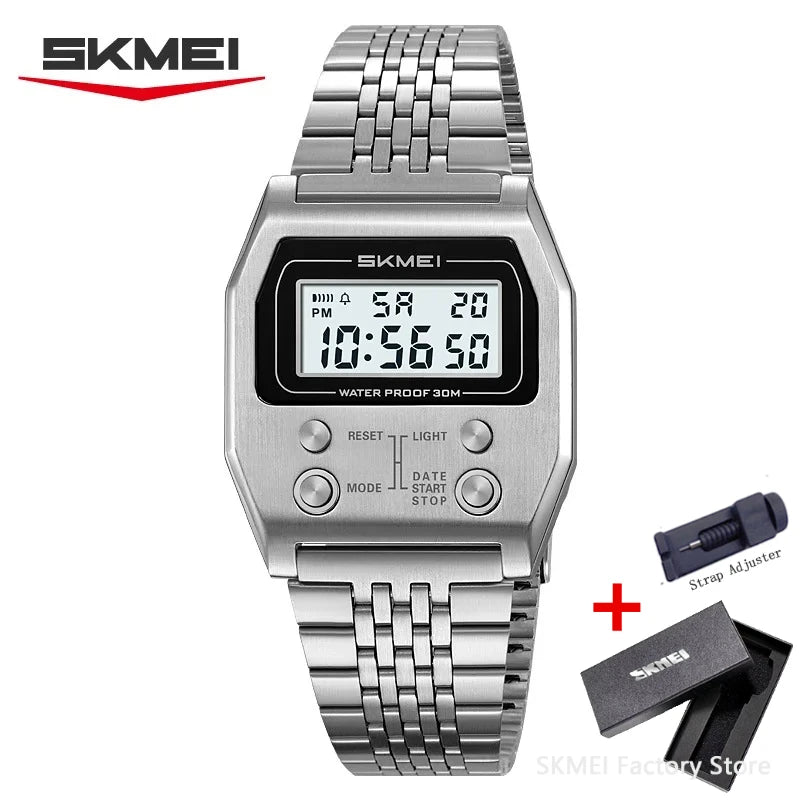 SKMEI 2460 Electronic Waterproof Digital Mens Wristwatches Stainless Steel Sport Luxury Retro LED Watch for Men Reloj Hombre