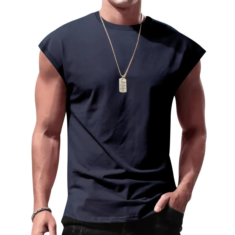 Men's Loose Short Sleeve T-Shirt Round Neck Sleeveless Casual Breathable Summer Sports Basic Vest