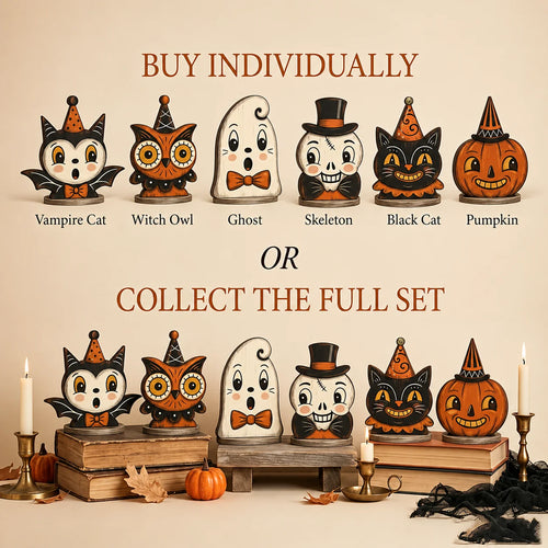1/6pc Halloween Decor Indoor Retro Wooden Block for Shelf Decoration,Cute Ghost,Pumpkin,Black,Cat,Skeleton,Owl,Housewarming Gift