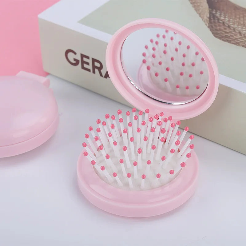 Mini Pocket Mirror Folding Comb Girl Women Portable Round Pocket Small Travel Massage Hair Brush with Mirror Styling Accessories