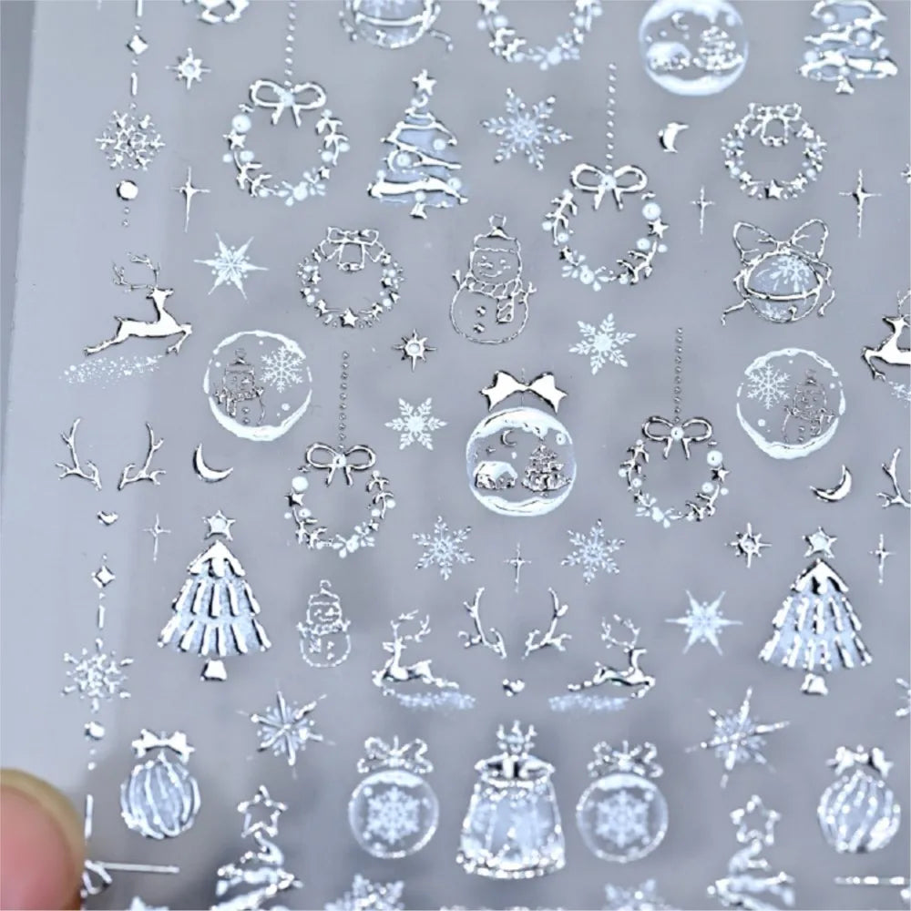 1pcs Aurora Pink Christmas Tree Bow Wreath Nail Art Stickers Cute Pink Stocking Snowflakes Nail Decals Self-Adhesive Xmas Decor