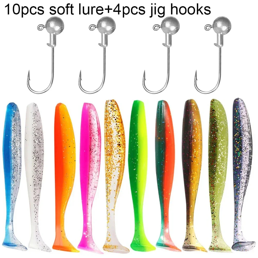 14PCS Gear Kit 10PCS Soft Lure 5.5cm 7cm 10cm T Tail Worm 4PCS Jigging Head Hook 3g 5g 10g Metal Jig Fishing Pesca Swimbait Bait
