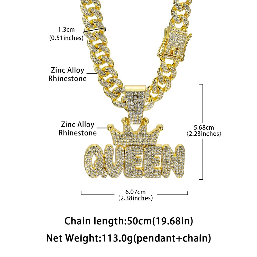 Men's Hip Hop Crown with QUEEN Letter Pendant Necklace For Women Crystal Cuban Chain Iced Out Bling Necklaces Rock Biker Jewelry