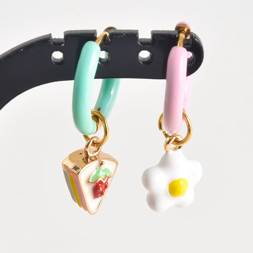 1Pair Dopamine Enamel Sweet Heart  Cute Bee Flower Y2K Girl Aesthetic Aretes Funny Food Cake Gothic Star Hoop Earrings Jewelry