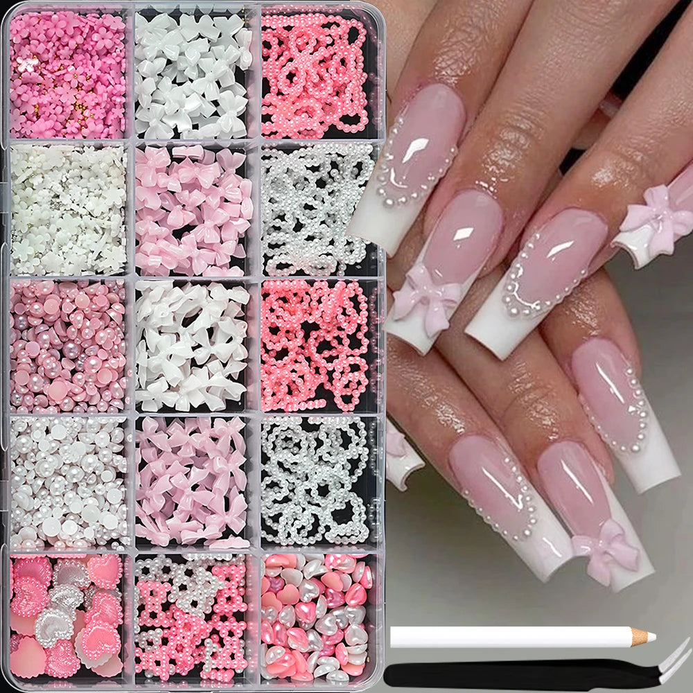 1 Box Pink White Black Resin Flatback Bow Charms 6 Grids 30Pcs For Acrylic Nails Household Salon Manicure Supply