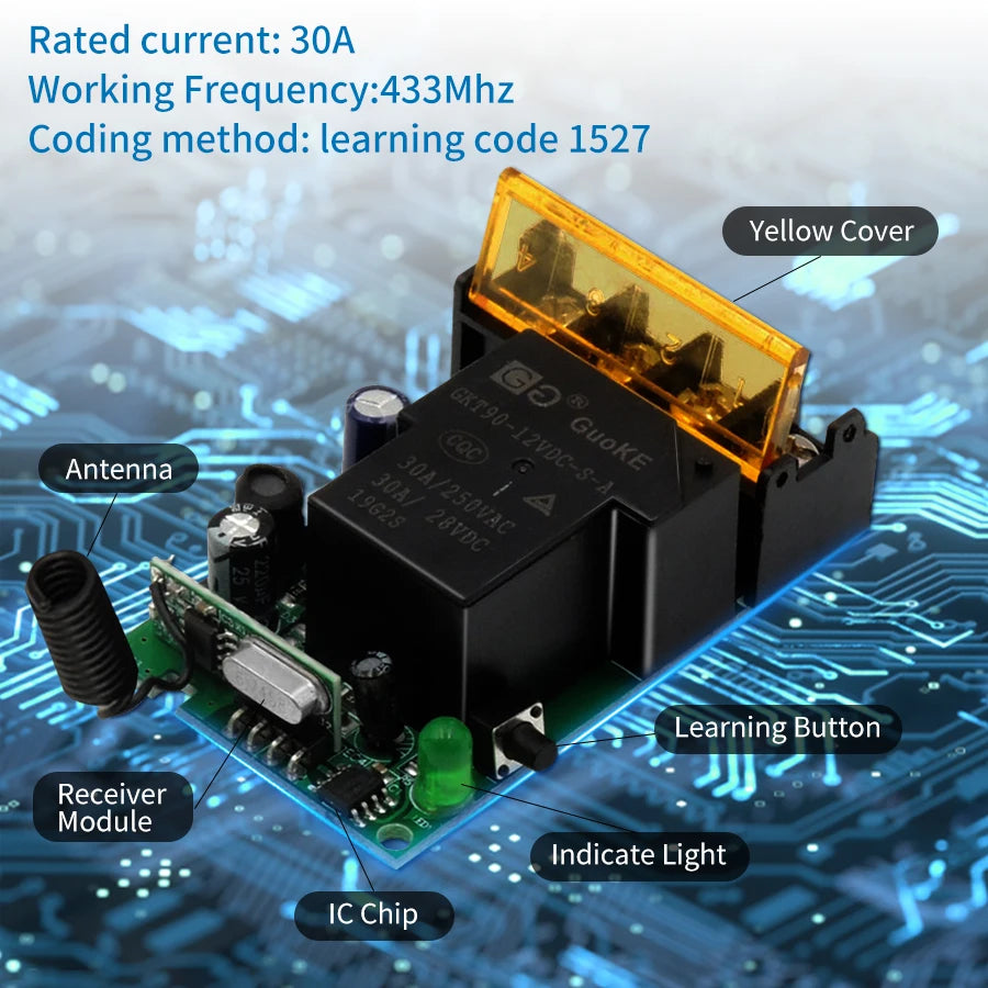 AC 75-220V DC 9-72V RF433Mhz Wireless Remote Control Switch 12V 24V 110V 220V 30A Relay Receiver for Water Pump Motor LED Light