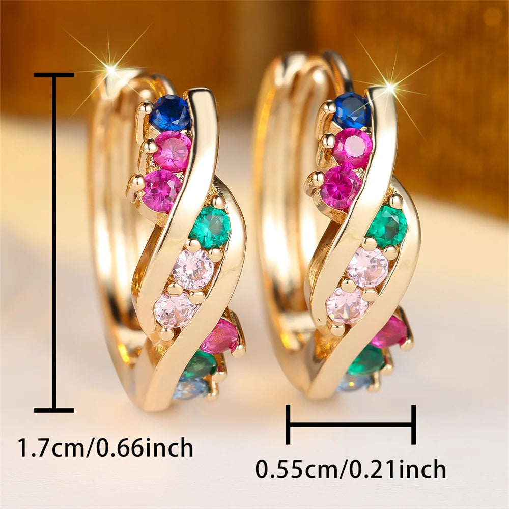 Multicolor Crystal Small Round Stone Twisted Hoop Earrings For Women Vintage Gold Color Ear Buckle Wedding Party Jewelry Gifts