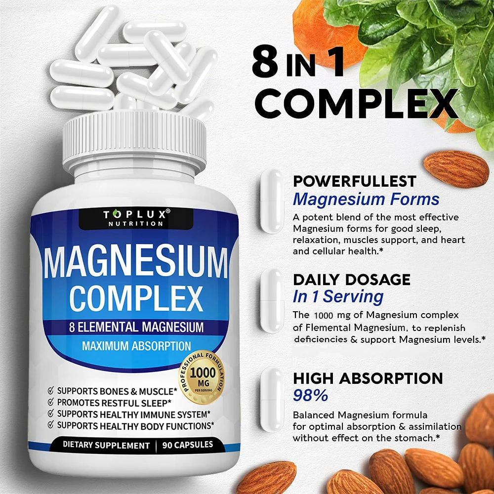 Magnesium Complex 1000mg 8 Elemental Magnesium Supplement with Glycinate Citrate Oxide Aspartate Orotate Malate Taurate High Abs