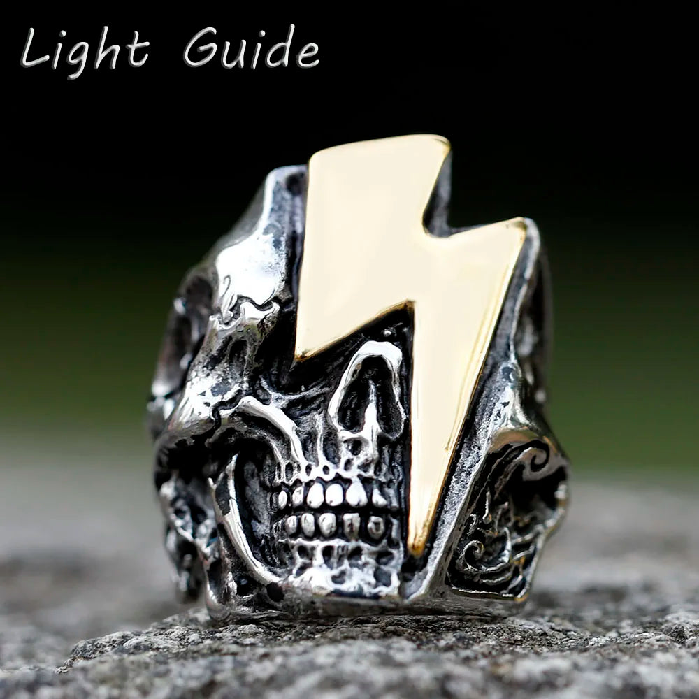 2022 New Stainless Steel Lightning Skull Ring For Men Punk Rock Gothic Punk Metal Rock Biker Jewelry Accessories Wholesale