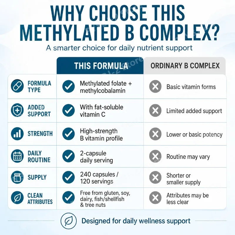 Methylated B Complex Capsule 240 Count Support Energy Generation & Neurological Health — Methylfolate B12,Thiamine and Vitamin C