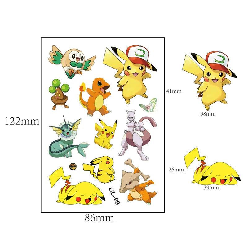 1Pcs New Pokemon Tattoo Stickers Pikachu Action Cartoon Temporary Tattoos For Funny Birthday Gift
