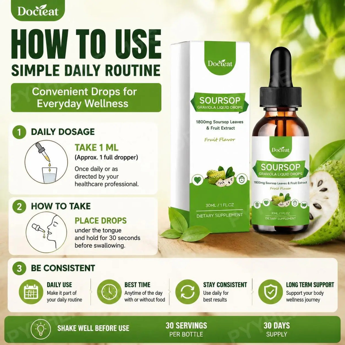 DOCTEAT Soursop Graviola Liquid Drops, 500 mg Leaf & Fruit Extract, 1800 mg Raw Herb Equivalent, Daily Vitality Support, 30 mL
