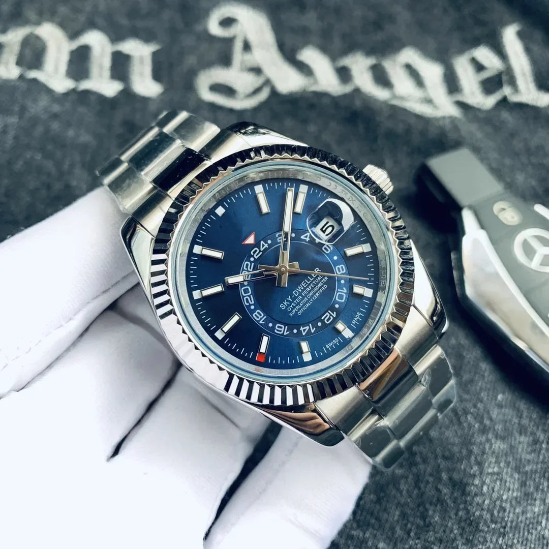 Automatic Men Watch Mechanical Self Wind Stainless Steel Strap Rose Gold Silver Blue Date Luxury Sky 40mm