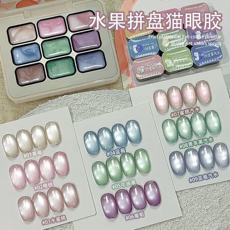 16colors Japanese Holographic Glitter Mirror Porcelain White Cat Eye Gel Polish Palette Magnetic Galactic Effect Gel Nail Polish