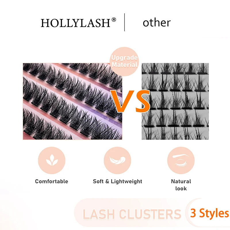 HOLLYLASH 96 Clusters DIY Self Adhesive Cluster Lashes Russian Volume False Eyelashes C Curl Natural Soft Individual Eyelashes