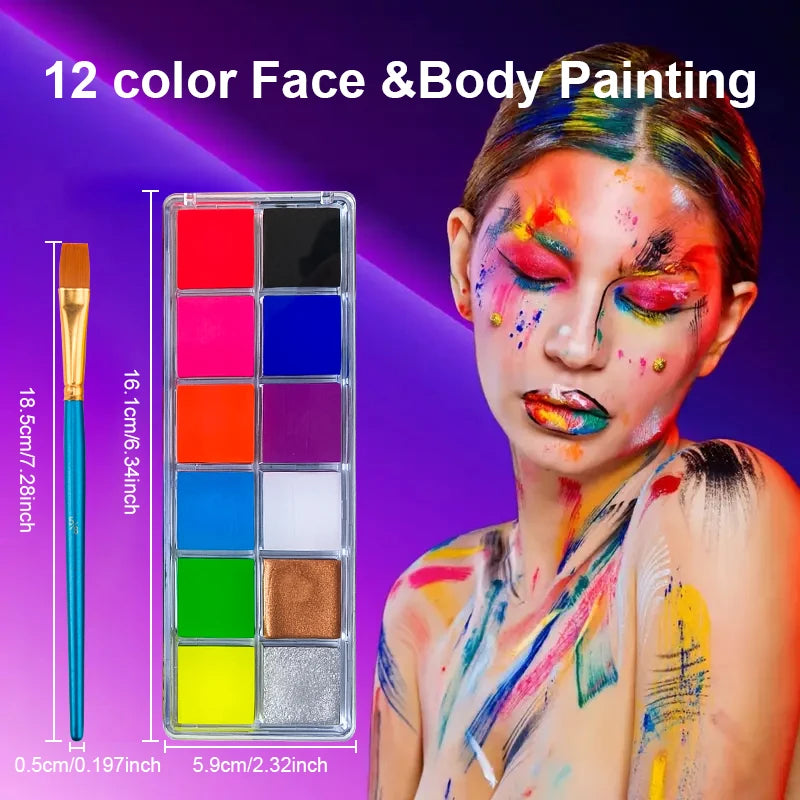 12-color UV Luminous Face Body Painting Palette Set With Brush,UV Glow Neon Face Body Paint Kit Glow For Halloween Makeup Party