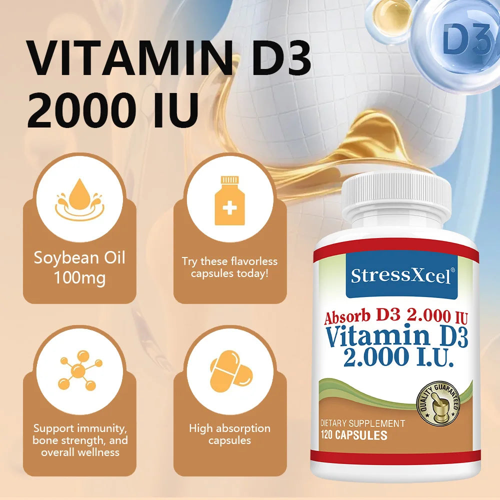 High Potency Vitamin D3 2000IU Capsules, Immune Support, Bone Health, Muscle Function, Whole-Body Wellness, Non-GMO Gluten Free