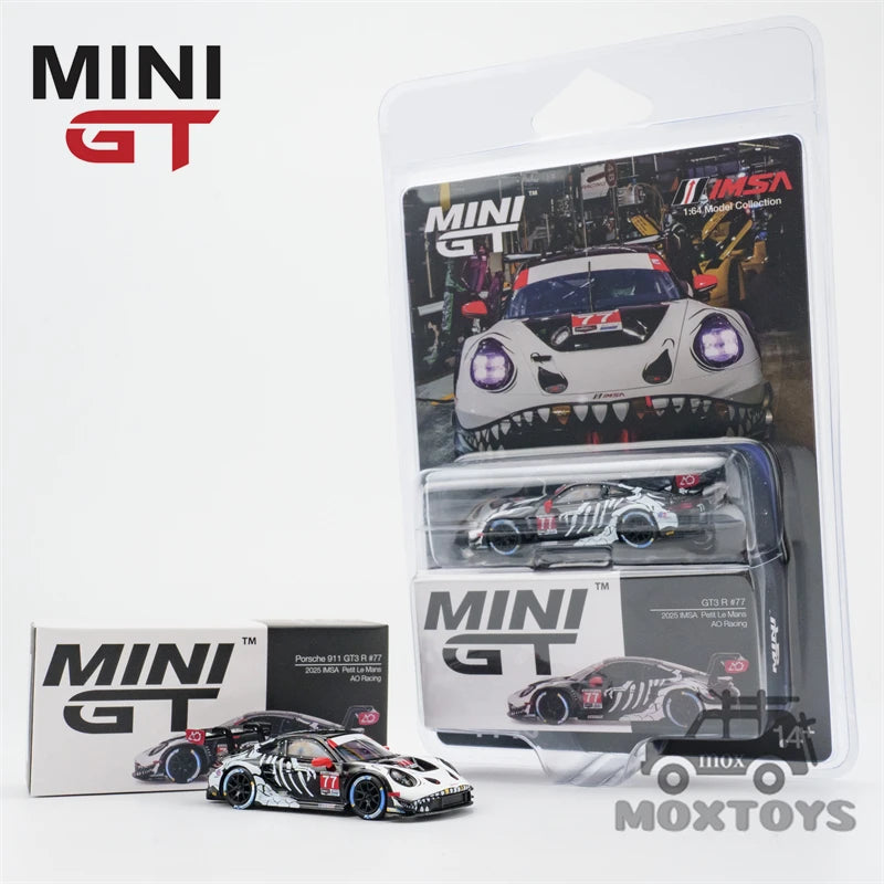 MINI GT 1:64 911 GT3 R #77 AO Racing 2025 IMSA Petit Le Mans Paper Box / Blister Packaging Diecast Model Car