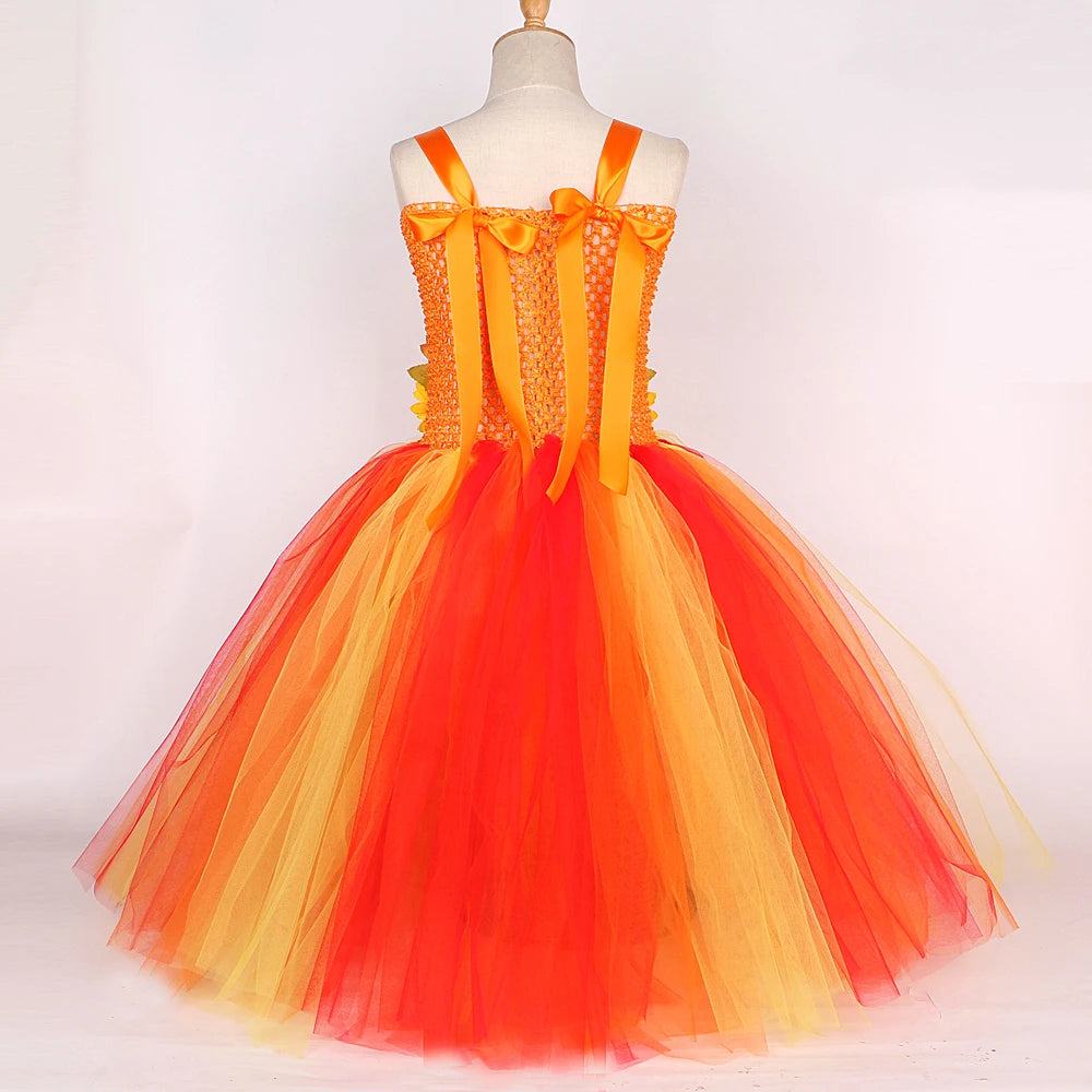 Maple Leaf Sunflower Fairy Costumes Girls Fall Autumn Long Tutu Dress for Kids Thanksgiving Halloween Fancy Outfit with Wings