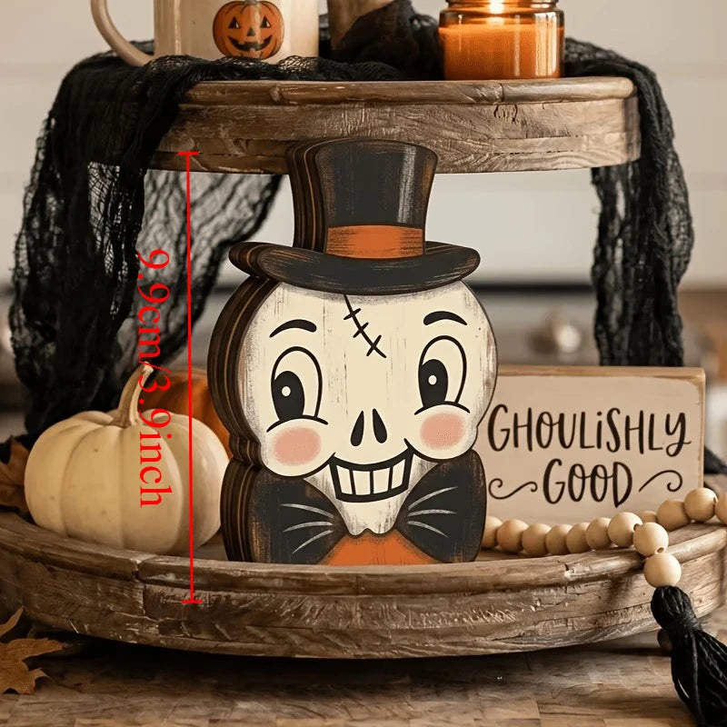 1/6pc Halloween Decor Indoor Retro Wooden Block for Shelf Decoration,Cute Ghost,Pumpkin,Black,Cat,Skeleton,Owl,Housewarming Gift