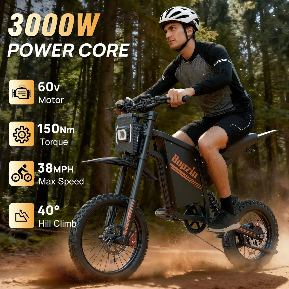 Bopzin Peak 3000W 52V Electric Dirt Bike for Adults 25AH/23AH Battery Full Suspension Off-Road Motorcycle with Hydraulic Brakes