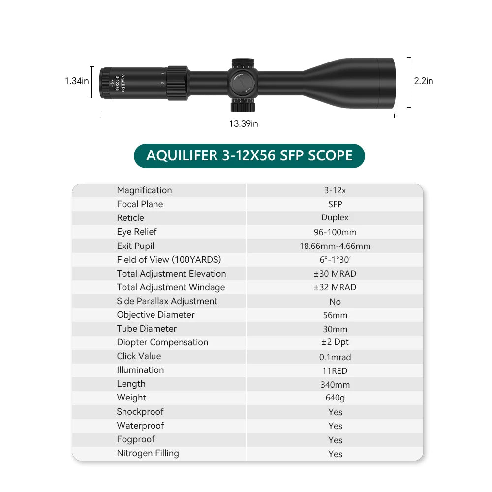 Aquilifer 3-12x56 Hunting Scope ED Glass Fully Multi Coated High Light Transmission for Dawn Dusk