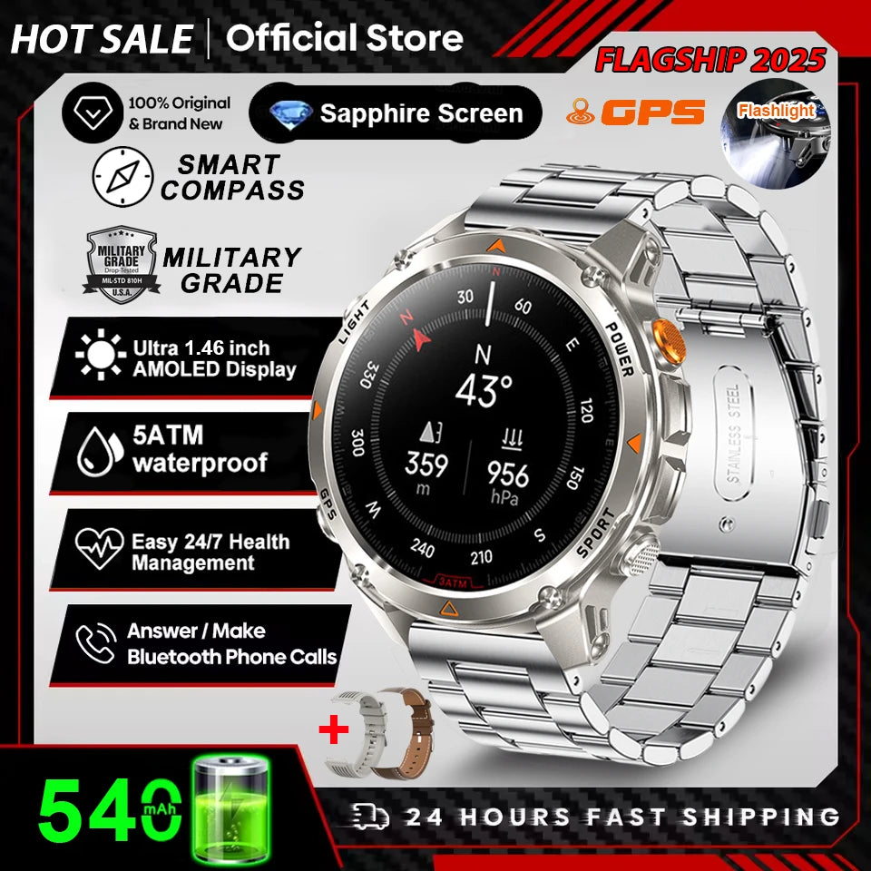 2025 New Military Bluetooth Call Smart Watch Built-in GPS Compass Barometric Altimeter 3ATM Waterproof Sports Smartwatches Men