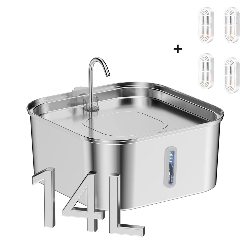 14L Automatic Cat Water Fountain, Cat Fountain with Water Level Window, Stainless Steel Dog Water Feeder, Suitable for Large Pet