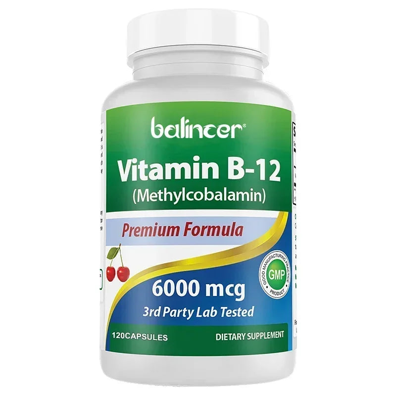 Vitamin B12 Supplement 6000mcg - Energy Brain Memory Mood, Heart  Function, Nervous & Immune System Support, 30/60/120 Capsules