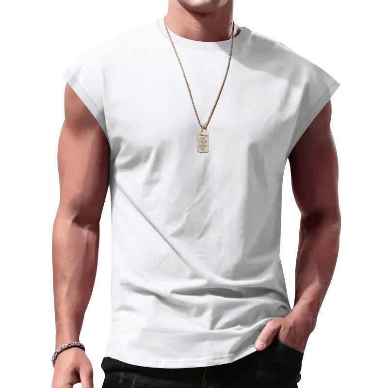 Men's Loose Short Sleeve T-Shirt Round Neck Sleeveless Casual Breathable Summer Sports Basic Vest