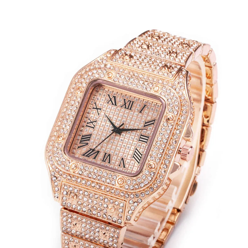 Men's Business Square Starry Sky Steel Belt Diamond-Inlaid European American Roman Fashion Quartz Wristwatch Gift