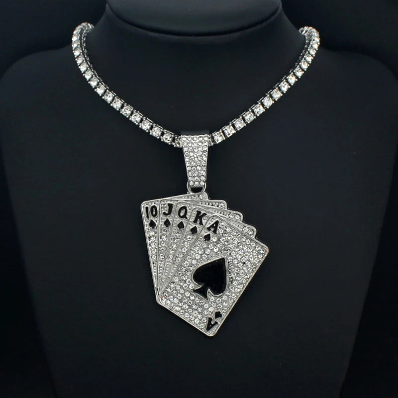 Men Women Hip Hop Playing Card Poker Pendant Necklace Crystal Cuban Chain HipHop Iced Out Bling Necklaces Fashion Charm Jewelry