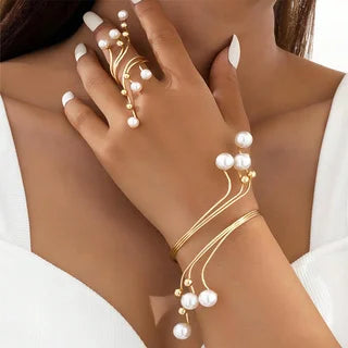 2-piece Fashionable Geometric Imitation Pearl Multi-layer Bracelet Ring, Women's Personalized Trendy Party Accessories Jewelry