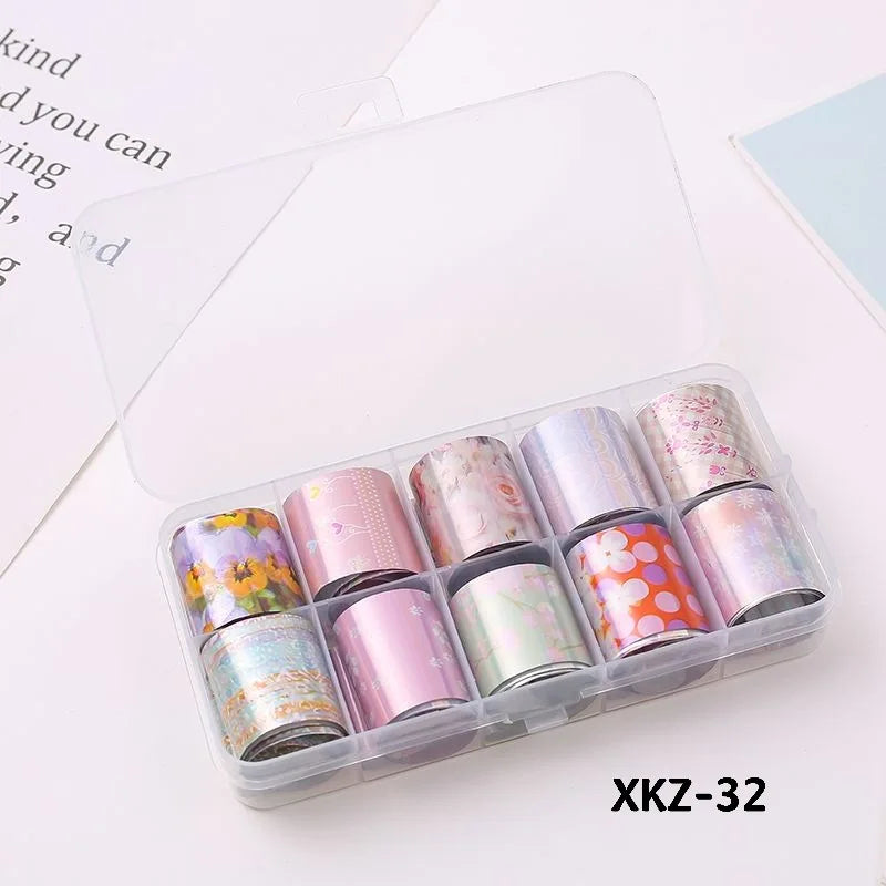 10 Rolls/ Box Charm Nail Foils Polish Stickers Metal Color Starry Paper Transfer Foil Wraps Adhesive Decals Nail Art Decorations